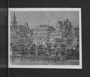 fotografia czarno-biała przedstawiająca widok Warszawy od strony Pragi z 1821 r. autorstwa Z. Vogla, skan 1