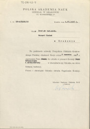 pismo z krakowskiego Oddziału Polskiej Akademii Nauk z dnia 9 czerwca 1965 r. zapraszające Gerarda Ciołka do udziału w pracach Komisji Urbanistyki i Architektury w chrakterze jej członka, skan 1