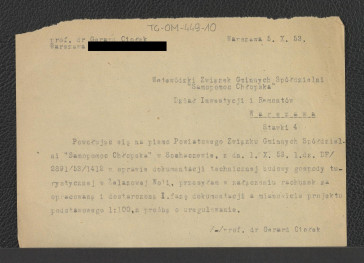 zawiadomienie ze strony Gerarda Ciołka z dnia 5 października 1953 roku dla inwestora o przesłaniu w załączniku rachunku za opracowaną i dostarczoną pierwszą fazę dokumentacji, skan 1