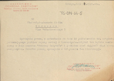prośba redakcji czasopisma "Ochrona Zabytków" z dnia 17 sierpnia 1948 r. o nadesłanie artykułu poruszającego problem zapory wodnej w Czorsztynie, skan 1