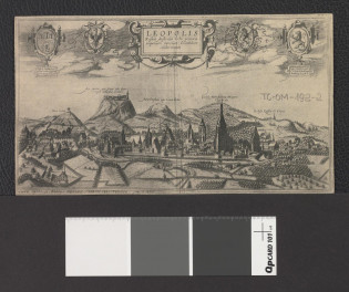 panorama miasta w roku 1615 (wycinek z „Tygodnika Ilustrowanego” z 1911 roku zawierający reprodukcję ryciny zamieszczonej w Braun i Hagenberg „Civitates. Orbis. Terrarum”), skan 1