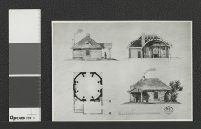 chatka w ogrodzie pałacu Teppera: rzut, przekrój oraz dwie elewacje według projektu Szymona Bogumiła Zuga z 1781 roku (dwie odbitki fotografii dwubarwnej reprodukcji rysunku akwarelizowanego), skan 1