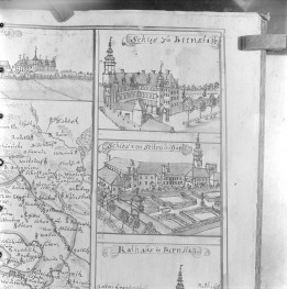 Dwa widoki na zamek. Rycina z "Topografii Śląska" autorstwa Friedricha Bernharda Wernera. , skan 1