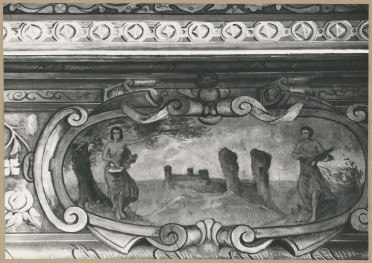 Pałac biskupów - wnętrze, d. komnata biskupia, fragment malowidła na fryzie, skan 1