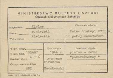 Pałac biskupów - wnętrze , II pokój senatorski , fragment plafonu - metryczka, skan 1