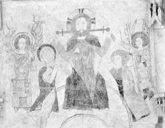 kościół pw. św. Mikołaja - wnętrze - prezbiterium - ściana wschodnia - fragment polichromii z Chrystusem jako Sędzią, skan 1