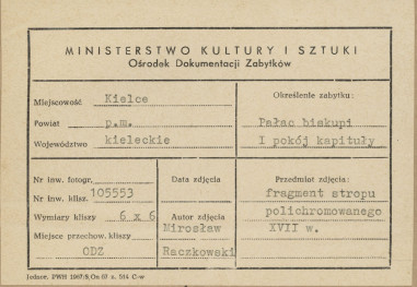 Pałac biskupów - wnętrze , I pokój kapituły,  fragment polichromii stropu - metryczka, skan 1