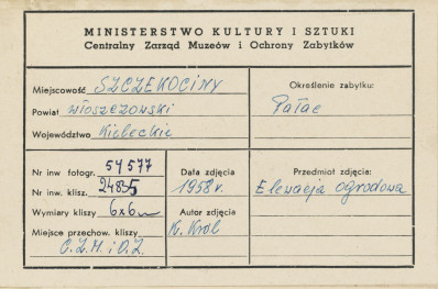 Zespół pałacowy - widok elewacji ogrodowej pałacu - metryczka, skan 1