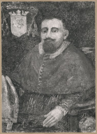 Pałac biskupów - wnętrze, d. sala jadalna, ściana północna, fryz - polichromia, portret Bodzanty Jankowskiego , skan 1