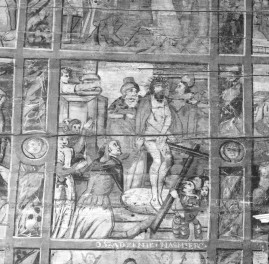 kościół pw. św. Michała Archanioła - nawa główna - ściana północna - fragment polichromii - cykl pasyjny - Piłat pokazuje umęczonego Jezusa Żydom /Ecce Homo/, skan 1