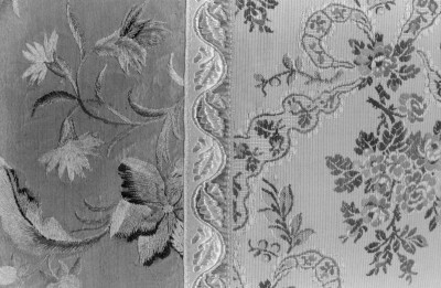 Kościół św. Karola Boromeusza - Ornat. Francja. 1765 - 78. Haft Polski XVIII. Fragment haftu na bokach i fragment raportu wzoru kolumny., skan 1