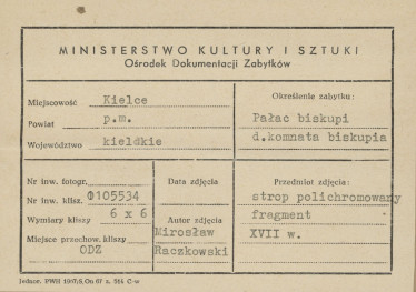 Pałac biskupów - wnętrze, d. komnata biskupia, fragment polichromii stropu - metryczka, skan 1