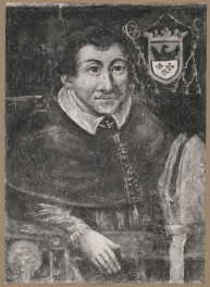 Pałac biskupów - wnętrze, d. sala jadalna, ściana południowa, fryz - polichromia, portret bpa Piotra Gamrata, skan 1