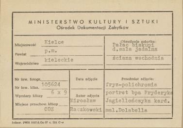 Pałac biskupów - wnętrze, d. sala jadalna, ściana wschodnia, fryz - polichromia, portret bpa Fryderyka Jagiellończyka kard., malował Dolabella, - metryczka, skan 1