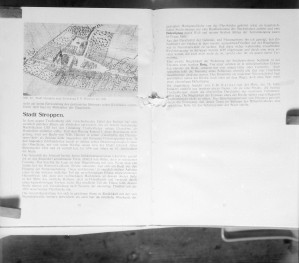 Strona 56 - 57, trzeciego tomu książki autorstwa dr. Kurta Bimlera. "Śląskie murowane budowle obronne. tom 3. Księstwo Oleśnica, Wołów." , skan 1