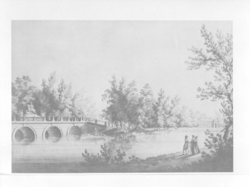 Łazienki Królewskie. Most Królewski i Kordegarda (mal. Z. Vogel 1803)
Reprodukcja M. Kwiatkowski "Łazienki - Belweder" 1986., skan 1