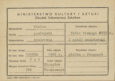 Pałac biskupów - wnętrze , I pokój senatorski , plafon, fragment  sceny środkowej -
przyjęcie posłów - metryczka, skan 1