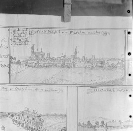 Panorama miasta po pożarze. Rycina z "Topografii Śląska" autorstwa Friedricha Bernharda Wernera. , skan 1