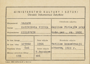 Kaplica Firlejów - tablica konsekracji ołtarza - metryczka, skan 1