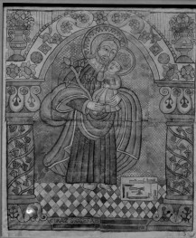 kościół pw. Wniebowzięcia Najświętszej Maryi Panny i św. Zygmunta - Muzeum Diecezjalne - zbiory - drzeworyt kolorowany z XVIII w. św. Józef z Dzieciątkiem, skan 1