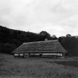 skansen - wieczna chałupa z tzw. tragarzem z Dąbrówki Ruskiej, elewacja tylnia, skan 1