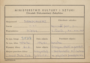 Kościół parafialny pw. św. Pawła - wnętrze, fragment stali, obraz na płycinie przedpiersia - metryczka, skan 1