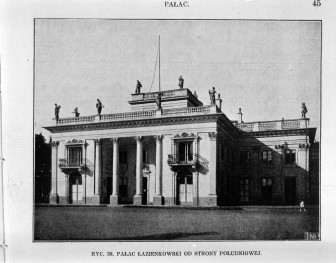 Pałac Łazienkowski od strony południowej.
Reprodukcja z W. Tatarkiewicz "Pięć Studiów o Łazienkach St. Augusta" 1925, skan 1