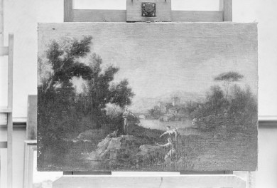 szkoła włoska XVIII w. - pejzaż ze sceną rodzajową, olej na płótnie, Muzeum Pomorskie w Gdańsku (ob. Muzeum Narodowe w Gdańsku), skan 1