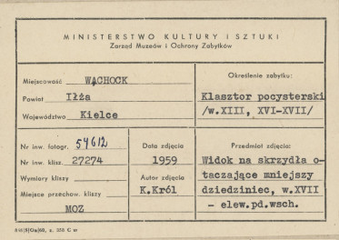 Zespół opactwa Cystersów - klasztor, widok od strony płd. - wsch. na dom opata - metryczka, skan 1