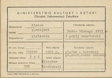 Pałac biskupów - wnętrze , I pokój senatorski , plafon - fragment sceny rokowań - metryczka, skan 1