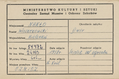 Zespół pałacowo - parkowy , pałac, widok elewacji bocznej i tylnej - metryczka

, skan 1