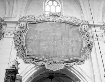 kościół parafialny pw. Wniebowzięcia NMP i Jana Chrzciciela - wnętrze: obraz "Św. Bernard z Clairvaux uzdrawia chorych" z 1729 roku, skan 1
