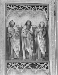 Kościół Najświętszej Marii Panny - wnętrze: Pentaptyk matki Boskiej, św. Andrzeja i św. Anny. Skrzydło boczne pentaptyku. Od lewej: św. Piotr, św. Maciej, św. Jan Ewangelista., skan 1