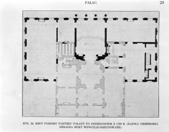 Łazienki Królewskie. Pałac na wodzie. Rzut poziomy parteru pałacu po przebudowie z 1788 r.  rysunek autorstwa Tonzi 1925 rok.
Reprodukcja z W. Tatarkiewicz "Pięć studiów o Łazienkach St. Augusta" 1925, skan 1