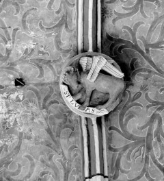 Kościół pod wezwaniem św. Jakuba i św. Mikołaja - wnętrze: sklepienie krzyżowo-żebrowe, zwornik oraz polichromia., skan 1
