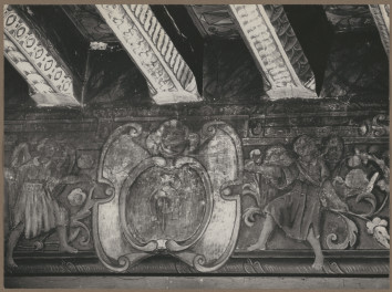 Pałac biskupów - wnętrze , komnata biskupia,  fragment malowidła na fryzie, herb Dołęga, skan 1