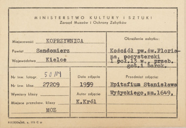 Zespół klasztorny - kościół, wnętrze, widok epitafium Stanisława Wyżyckiego  - metryczka, skan 1
