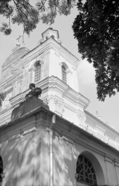 Kościół Wniebowzięcia NMP -  narożnik elewacji frontowej, część szczytowa, skan 1