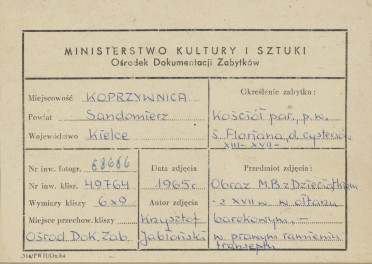 Zespół klasztorny - kościół, wnętrze , obraz Matki Boskiej z Dzieciątkiem w ołtarzu bocznym - metryczka, skan 1