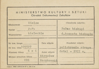Pałac biskupów - wnętrze, d. komnata biskupia, fragment polichromii stropu - metryczka, skan 1