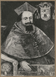 Pałac biskupów - wnętrze, d. sala jadalna, ściana wschodnia, fryz - polichromia, portret bpa Fryderyka Jagiellończyka kard., malował Dolabella, , skan 1