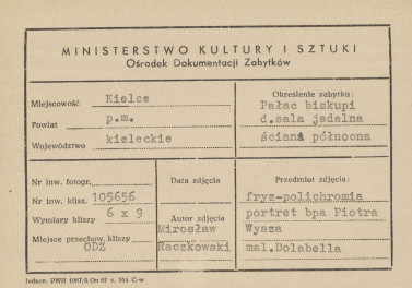 Pałac biskupów - wnętrze, d. sala jadalna, ściana północna, fryz - polichromia, portret bpa Piotra Wysza - metryczka, skan 1