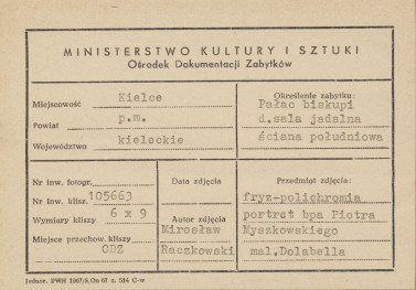 Pałac biskupów - wnętrze, d. sala jadalna, ściana południowa, fryz - polichromia, portret biskupa Piotra Myszkowskiego - metryczka, skan 1