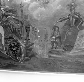 pałac, 1. połowa XVIII w. - wnętrze: malowidło ścienne z fragmentem elewacji pałacu, skan 1