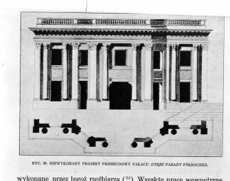 Łazienki Królewskie. Pałac na wodzie - jeden z projektów przebudowy z 1784 (elewacja pn.)
Reprodukcja z W. Tatarkiewicz "Pięć studiów o Łazienkach St. Augusta" 1925. , skan 1