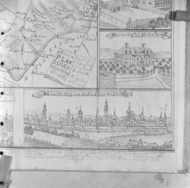 Założenie pałacowe. Rycina z "Topografii Śląska" autorstwa Friedricha Bernharda Wernera. , skan 1