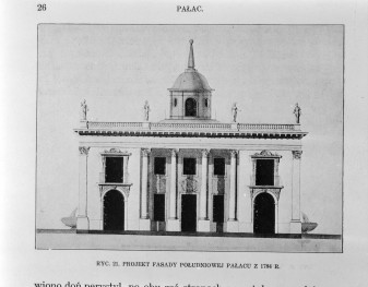 Łazienki Królewskie. Pałac na wodzie. - elewacja pd. ( projekt D. Merliniego z 1784)
Reprodukcja z W. Tatarkiewicz "Pięć studiów o Łazienkach St. Augusta" 1925 strona 26" 1955 strona 108., skan 1