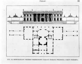 Łazienki Królewskie. Pałac na wodzie - jeden z projektów przebudowy (elewacja pn. i rzut poziomy)
Reprodukcja z W. Tatarkiewicz "Pięć studiów o Łazienkach St. Augusta" 1925. , skan 1