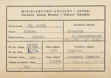 Zespół klasztorny na Świętym Krzyżu - wnętrze klasztoru, kaplica Oleśnickich, fragment malowideł ściennych  - metryczka, skan 1