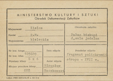 Pałac biskupów - wnętrze, d. sala jadalna, fragment polichromii stropu - metryczka, skan 1